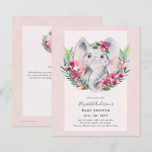 Papier BUDGET Floral Elephant Baby shower Invitation (Devant / Derrière)