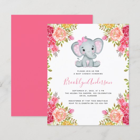 Papier BUDGET Floral Elephant Girl Baby shower Invitation (Devant / Derrière)
