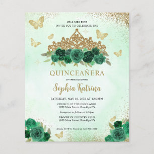 Papier Budget Floral Emerald Gold Tiara Quinceañera