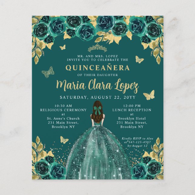 Papier Budget Floral Emerald Green Princess Quinceanera (Devant)