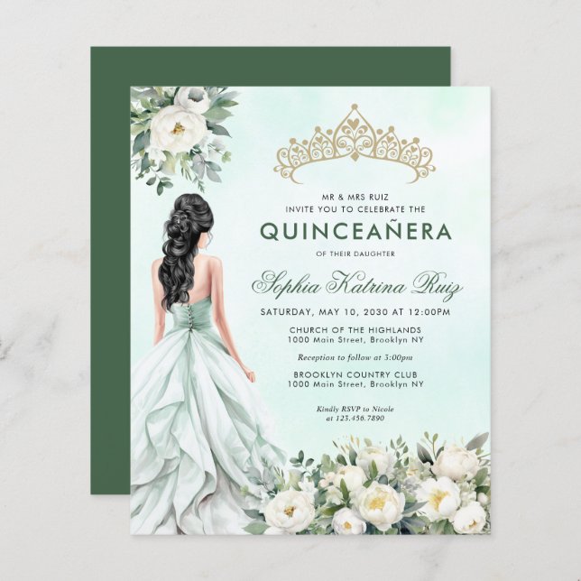 Papier Budget Floral Emerald Green Princess Quinceañera (Devant / Derrière)