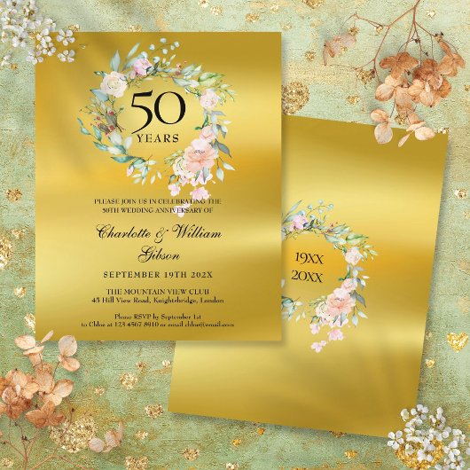 Papier Budget Floral Gold 50e Anniversaire Invitation