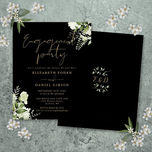 Papier Budget Floral Gold Black Engagement Invitation