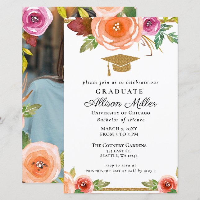 Papier Budget Floral Gold Photo Graduation Invitation (Devant / Derrière)