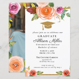 Papier Budget Floral Gold Photo Graduation Invitation