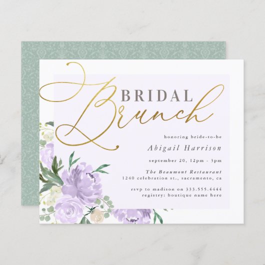 Papier Budget Floral Gold Script Lavender Bridal Brunch (Devant / Derrière)