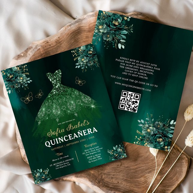 Papier Budget Floral Green Gown robe QR Code Quinceanera (Créateur téléchargé)