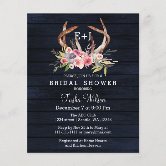 Papier Budget Floral Navy Antler Bridal Shower Invitation (Devant)