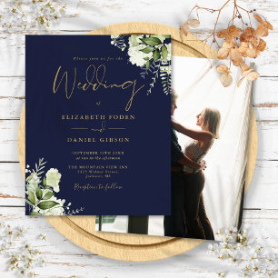 Papier Budget Floral Navy Blue Gold Photo Wedding Invitat