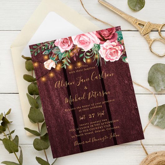 Papier Budget floral or bordeaux faire-part de mariage