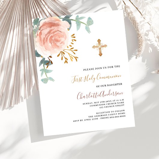 Papier budget floral or rose première communion invitatio