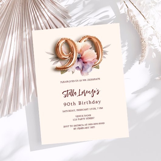 Papier Budget floral pêche en or beige 90e anniversaire