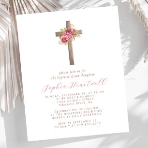 Papier Budget Floral Pink Gold Cross fille Invitation Bap