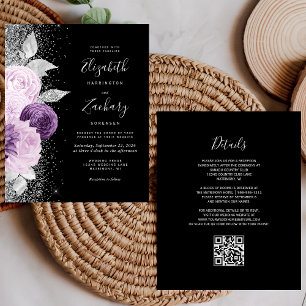 Papier Budget Floral Purple Argent Noir QR Code Mariage