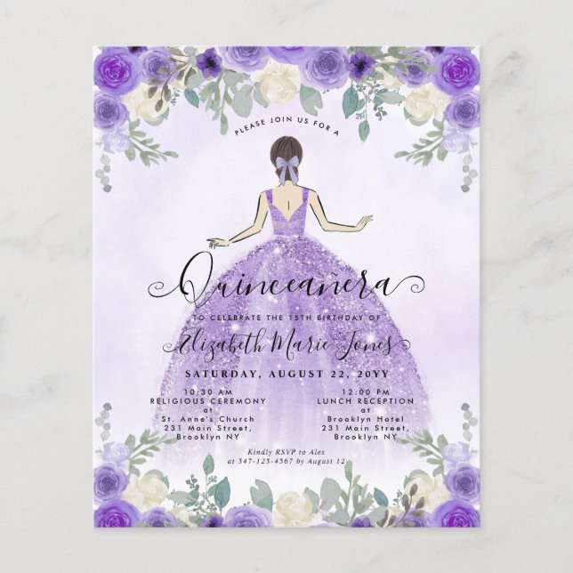 Papier Budget Floral Purple Princesse Anniversaire Quince (Devant)