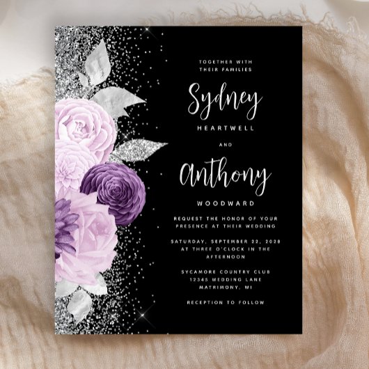 Papier Budget Floral Purple Silver Mariage de script noir