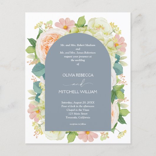 Papier Budget Floral QR Code Dusty Blue Wedding Invite (Devant)