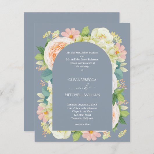 Papier Budget Floral QR Code Dusty Blue Wedding Invite (Devant / Derrière)
