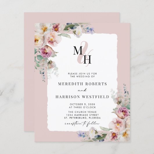 Papier Budget Floral QR Code Monogramme Faire-part de mar (Devant / Derrière)