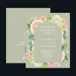 Papier Budget Floral QR Code Sage Green Wedding Invite<br><div class="desc">Les invitations de mariage tout-en-un vert Sage présentent vos détails sur le devant en lettres chic avec de belles fleurs d'aquarelle - hydrangées blanches et vertes, roses roses et crème, marguerites, petites tiges et feuilles - et un code QR à votre site mariage sur le dos à RSVP. Imprimé sur...</div>