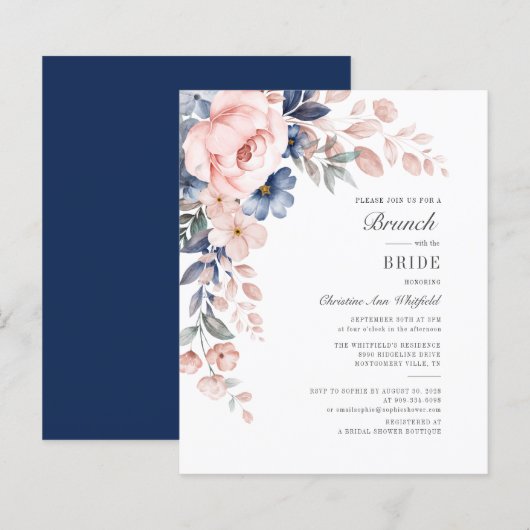 Papier Budget Floral Rose Aquarelle Bleu Brunch nuptiale (Devant / Derrière)
