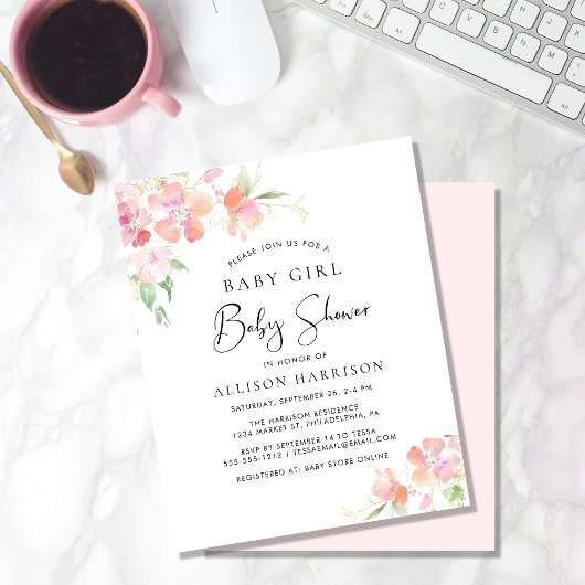 Papier Budget Floral rose bébé fille douche Invitation