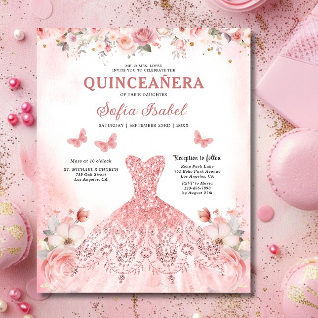 Papier Budget Floral rose Bilingue Espagnol Quinceanera (Créateur téléchargé)