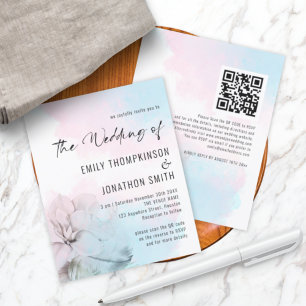 Papier Budget Floral Rose Bleu Laver QR Mariage Invitatio