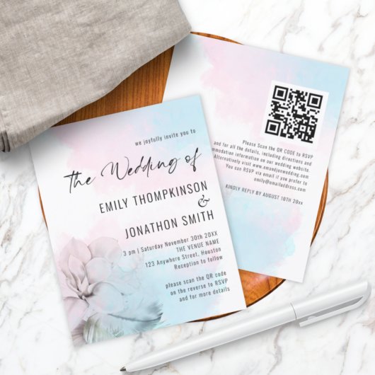 Papier Budget Floral Rose Bleu Laver QR Mariage Invitatio