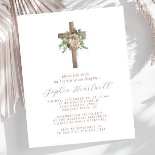 Papier Budget Floral Rose Gold Cross Girl Baptism Invitat