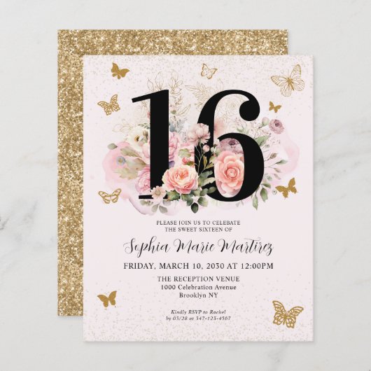 Papier Budget Floral Rose or papillon doux 16 Partie (Devant / Derrière)