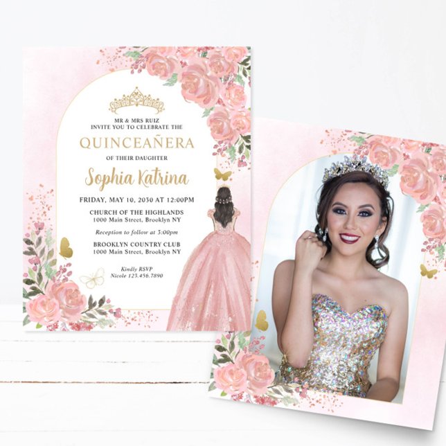 Papier Budget Floral rose or photo Quinceañera (Créateur téléchargé)