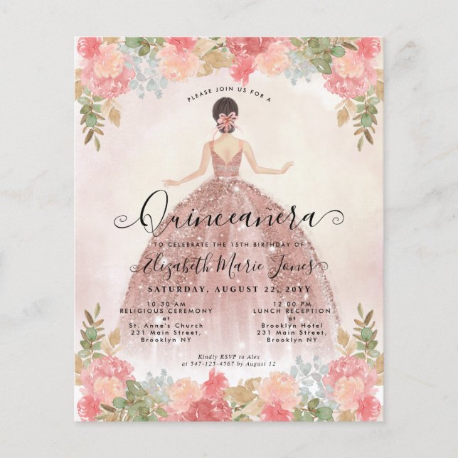 Papier Budget Floral Rose or rose princesse Quinceanera (Devant)