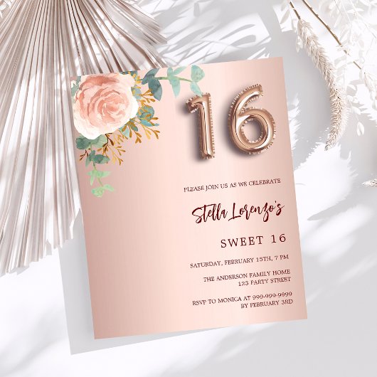 Papier Budget floral rose or rose Sweet 16 invitation