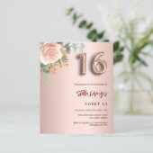 Papier Budget floral rose or rose Sweet 16 invitation (Debout devant)
