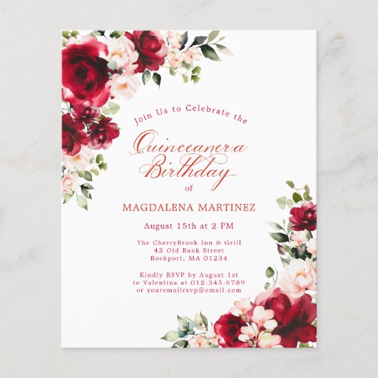 Papier Budget Floral Rose rouge Invitation Anniversaire (Devant)