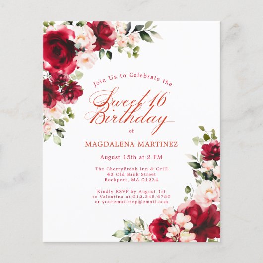 Papier Budget Floral Rose rouge Invitation Anniversaire (Devant)