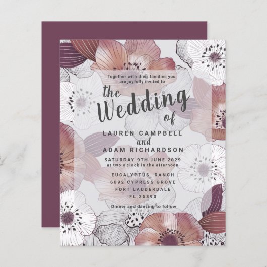 Papier Budget Floral Rouge violet Faire-part de mariage (Devant / Derrière)