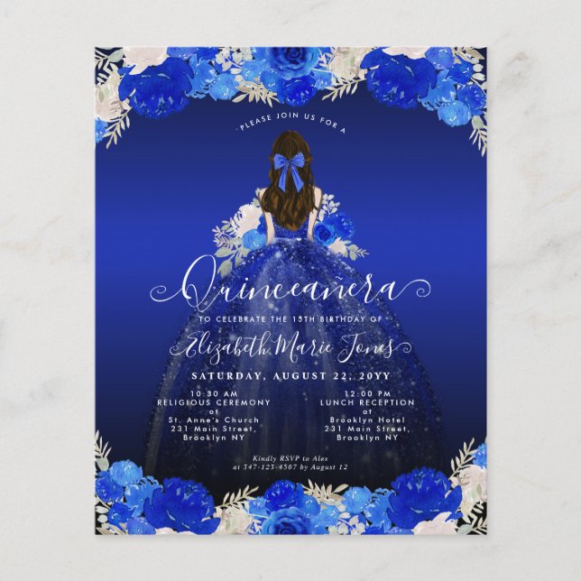 Papier Budget Floral Royal Blue robe Quinceanera Invitati (Devant)