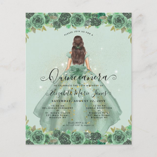 Papier Budget Floral Sage Vert Or Princesse Quinceanera (Devant)