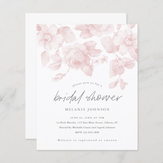 Papier Budget Floral Script rose nuptiale Invitation (Devant / Derrière)