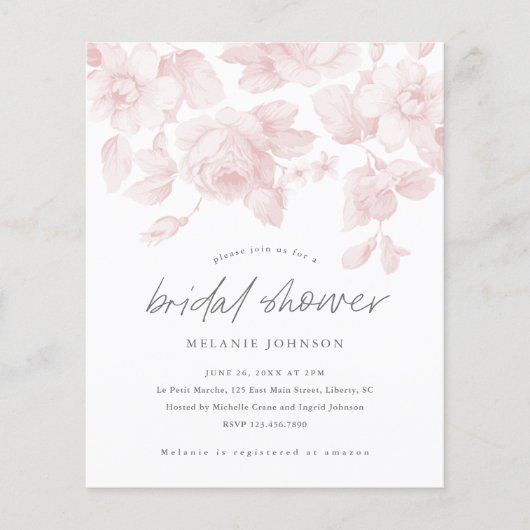 Papier Budget Floral Script rose nuptiale Invitation (Devant)