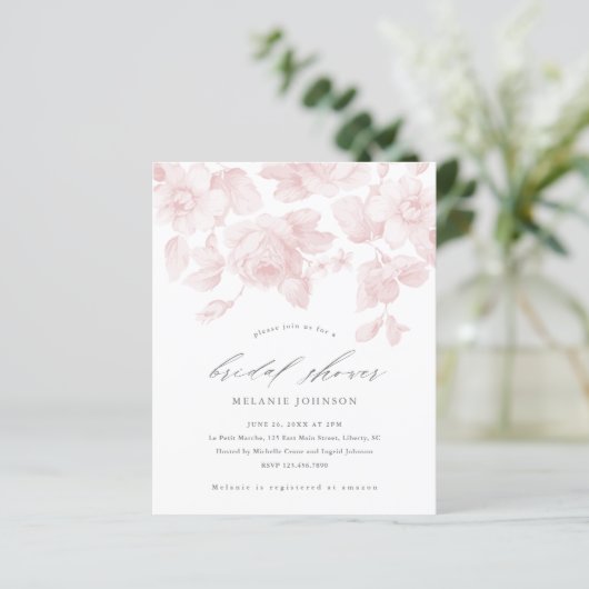 Papier Budget Floral Script rose nuptiale Invitation (Debout devant)
