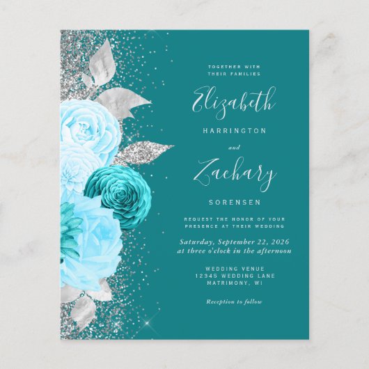 Papier Budget Floral Turquoise Silver QR Code Mariage (Devant)