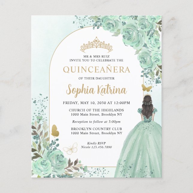 Papier Budget Floral Vert Or Chic Princesse Quinceanera (Devant)