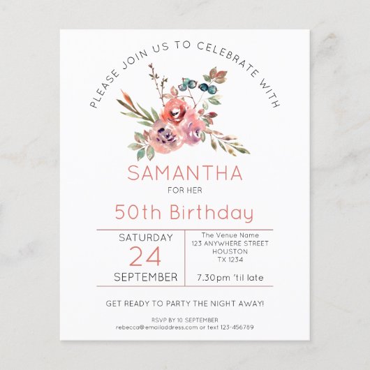 Papier Budget Florals Coral rose 50e anniversaire Invitat (Devant)