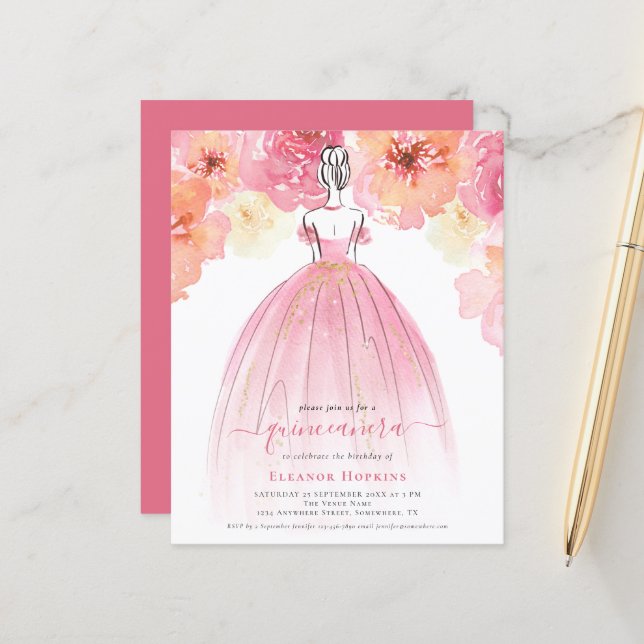 Papier Budget Florals Robe Rose Quinceanera Invitation (Devant/Arrière en situation)