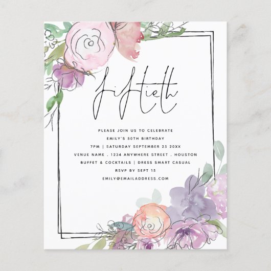 Papier Budget Florals Scribble Frame 50ème Invitation de  (Devant)