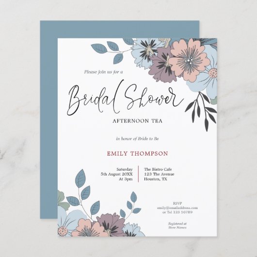 Papier Budget Florals Script Fête des mariées Thé Invitat (Devant / Derrière)