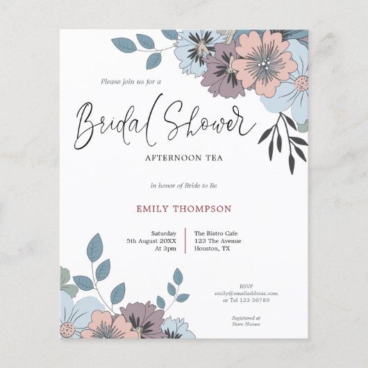 Papier Budget Florals Script Fête des mariées Thé Invitat (Devant)